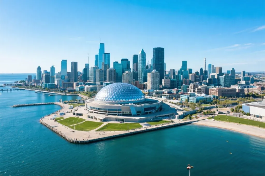北美沿海城市风光，远景处隐约可见现代化的圆形体育场馆